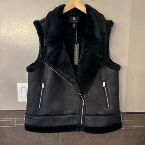 House Of Harlow 1960 Moto Faux Fur + Faux Leather Vest (Black) - Picture 6 of 16